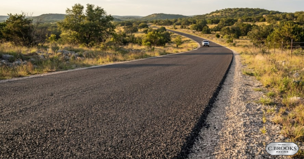 Chip seal country road through the Texas Hill Country