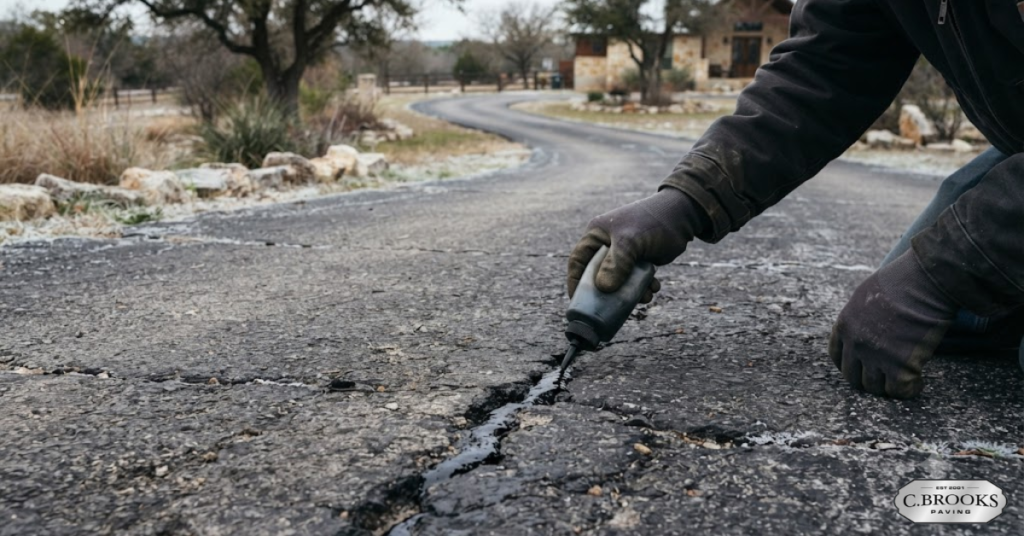 Worker filling asphalt cracks in winter on a country driveway